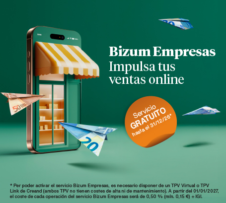Anuncio para "Bizum Empresas" con el mensaje "Impulsa tus ventas online". Muestra un smartphone con una tienda virtual y un toldo de rayas amarillas y blancas, rodeado de aviones de papel hechos con billetes de euro (20€ y 50€). Hay un círculo naranja que destaca: "Servicio GRATUITO hasta el 31/12/26*". La nota a pie de imagen indica: "*Para poder activar el servicio Bizum Empresas, es necesario disponer de un TPV Virtual o TPV Link de Creand (ambos TPV no tienen costes de alta ni de mantenimiento). A partir del 01/01/2027, el coste de cada operación del servicio Bizum Empresas será de 0,50 % (mín. 0,15 €) + IGI."