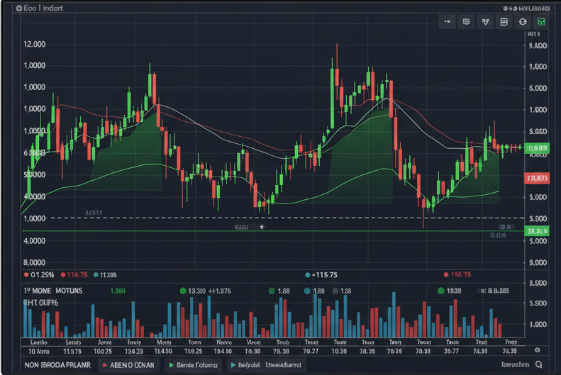Un gràfic financer en mode fosc que mostra dades d'espelmes borsàries o de criptomonedes, amb tendències recents i barres de volum.