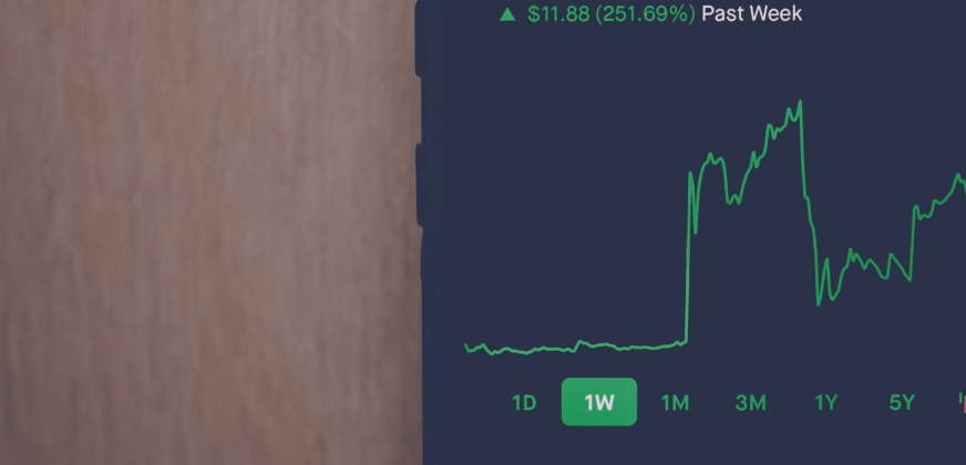 Un gràfic financer de línia verda amb fons fosc que mostra un guany de $11.88 (251.69%) durant la "Past Week" (Última Setmana). El gràfic mostra una pujada de preu dràstica, seguida de volatilitat, amb l'opció "1W" (1 Setmana) seleccionada.