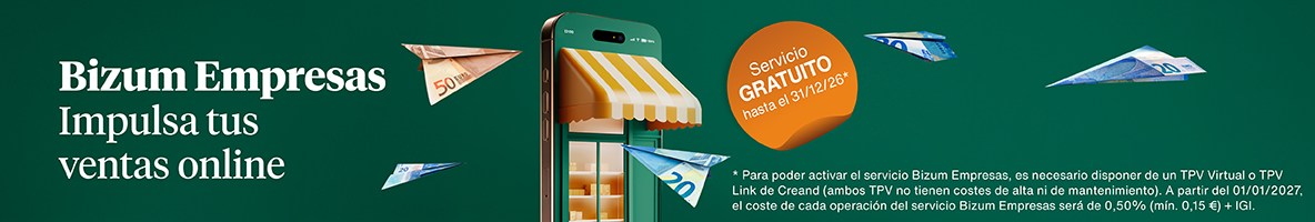 Banner publicitario de Bizum Empresas con el lema "Impulsa tus ventas online". La imagen muestra un smartphone con un toldo de tienda sobre la pantalla y aviones de papel hechos con billetes de euro volando a su alrededor. Un sello naranja destaca que el servicio es gratuito hasta el 31/12/26. El texto legal al pie detalla que requiere un TPV Virtual o Link de Creand y que, a partir de 2027, la tarifa será del 0,50% (mínimo 0,15 €) + IGI.