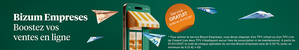 Bannière publicitaire Bizum Empresas avec le slogan "Boostez vos ventes en ligne". L'illustration présente un smartphone transformé en boutique avec des avions en papier faits de billets d'euro. Une pastille orange indique "Service GRATUIT jusqu'au 31/12/26". Les mentions légales précisent l'obligation de posséder un TPV virtuel ou Link de Creand et un tarif de 0,50 % (min. 0,15 €) + IGI à partir de janvier 2027.