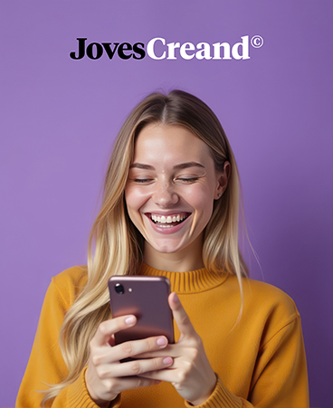 Jeune fille blonde, entre dix-huit et trente ans, portant un pull jaune sur fond lilas, regardant son téléphone portable avec un grand sourire