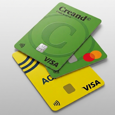 Crèdit o dèbit? Tot el que has de saber per pagar amb targeta a Andorra 3 Fons estudio gris, es mostren 3 targetes de crèdit de Creand