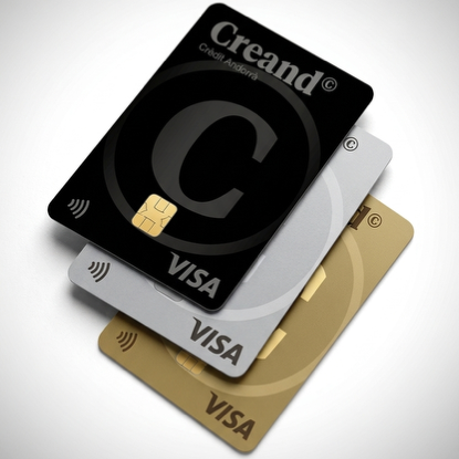 Crèdit o dèbit? Tot el que has de saber per pagar amb targeta a Andorra 4 Fons estudio gris, es mostren 3 targetes de crèdit premium de Creand