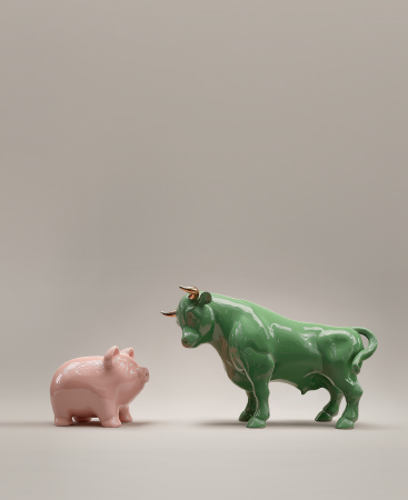 Porquet en contraposició amb un toro, sobre fons blanc. 