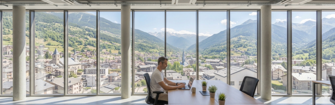 Home treballant a una oficina oberta, estil coworking. De fons es veu Andorra la Vella.