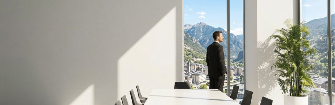 Despatx modern amb grans finestrals i vistes a les muntanyes d’Andorra, amb un home vestit amb traje dret al costat de la finestra en un entorn de banca privada i negocis.