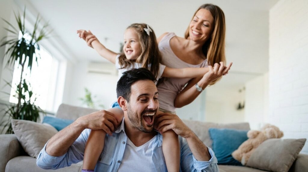 Família feliç, mare, pare i filla gaudint d'estar en família perquè tenen bona salut gràcies al Creand Piam.