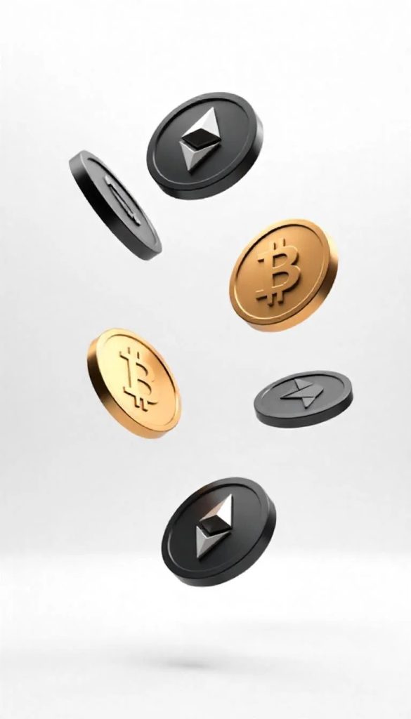 Tres monedes de Bitcoin (B) daurades i tres monedes d'Ethereum (símbol d'Ethereum) negres flotant sobre un fons blanc.